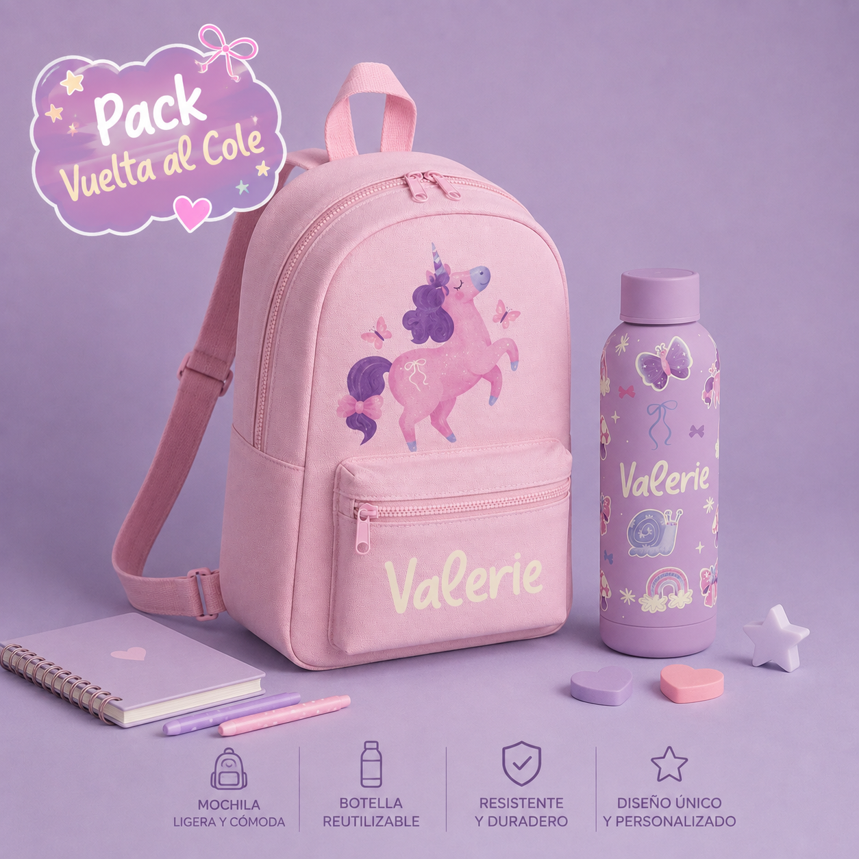 Pack Vuelta al Cole | Mochila + Botella Personalizada Unicornios
