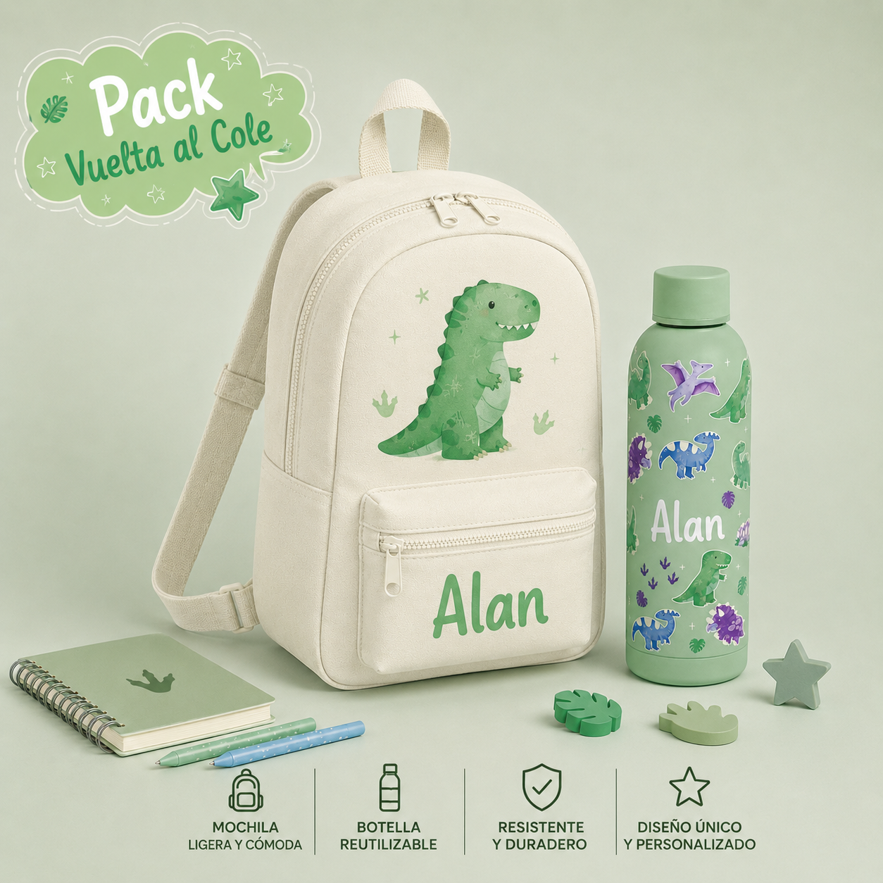 Pack Vuelta al Cole | Mochila + Botella Personalizada Dinosaurios