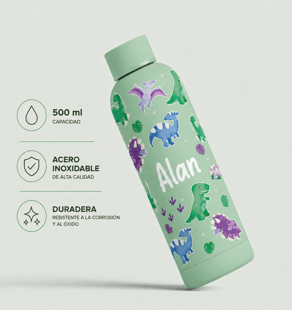 Botella Infantil Personalizada 500 ml| Acero Inoxidable con Diseño de Dinosaurios Y Unicornios